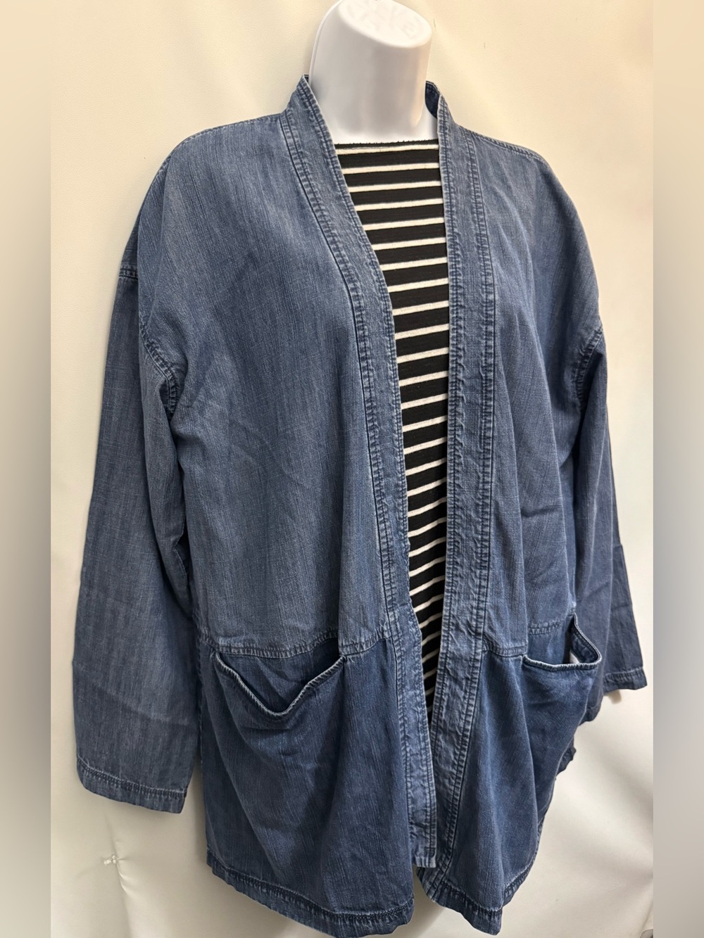 $258 EILEEN FISHER Open Kimono Jacket M Tencel Colorblock Midnight Denim - Picture 7 of 13